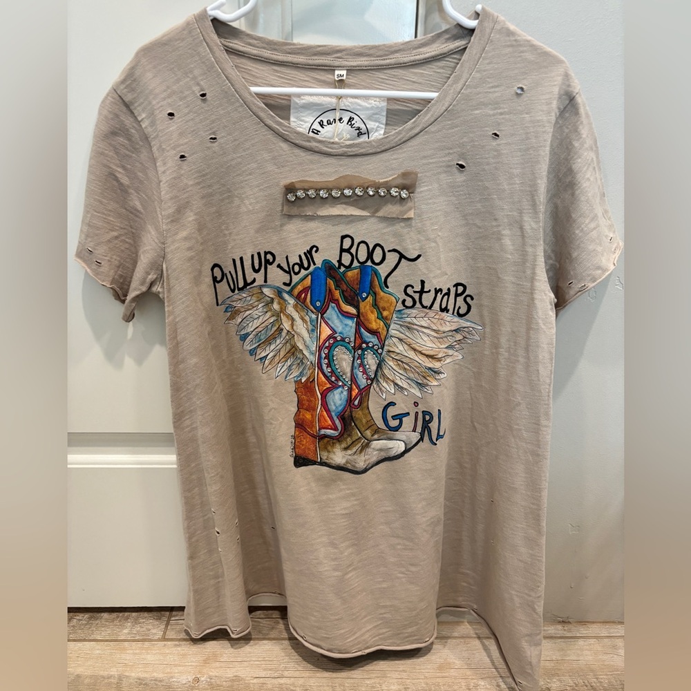 NWT A Rare Bird Pull Up Your Boot Straps Girl Tattered Tee